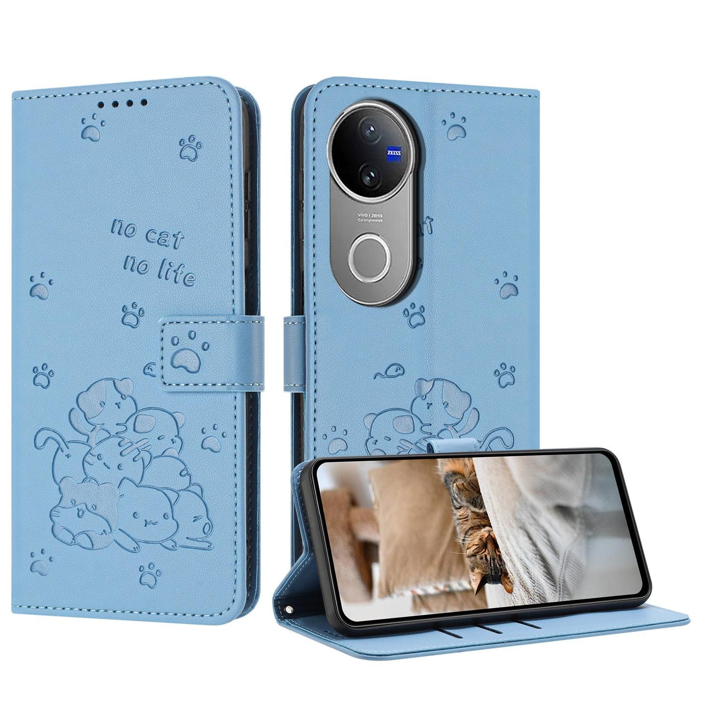 For vivo V50 5G Global Embossed Kitten Phone Leather Case with Lanyard(Blue)