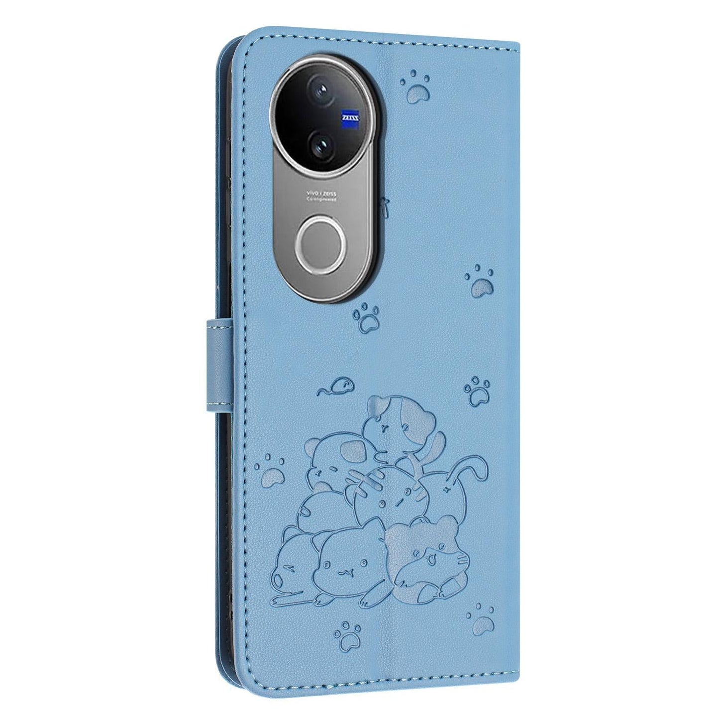 For vivo V50 5G Global Embossed Kitten Phone Leather Case with Lanyard(Blue)