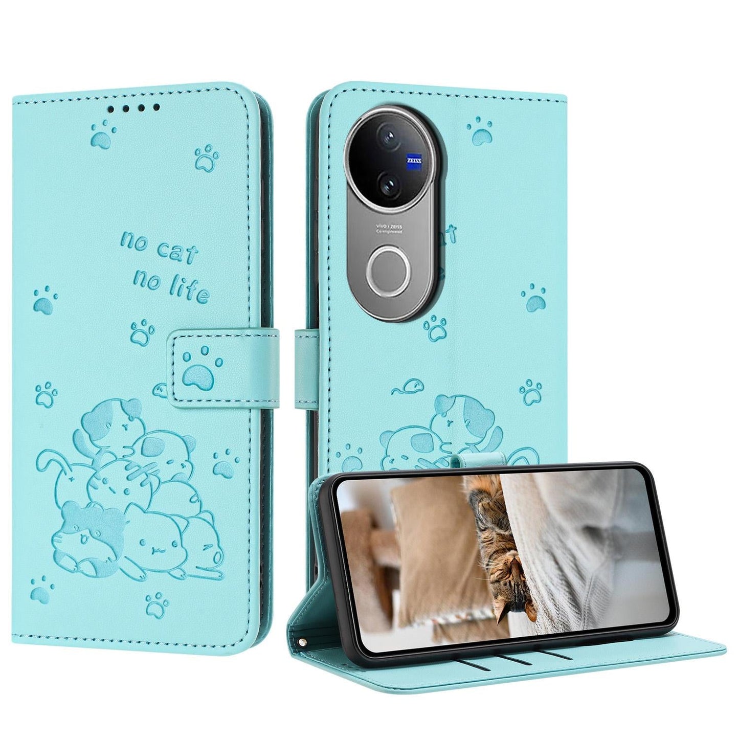 For vivo V50 5G Global Embossed Kitten Phone Leather Case with Lanyard(Mint Green)