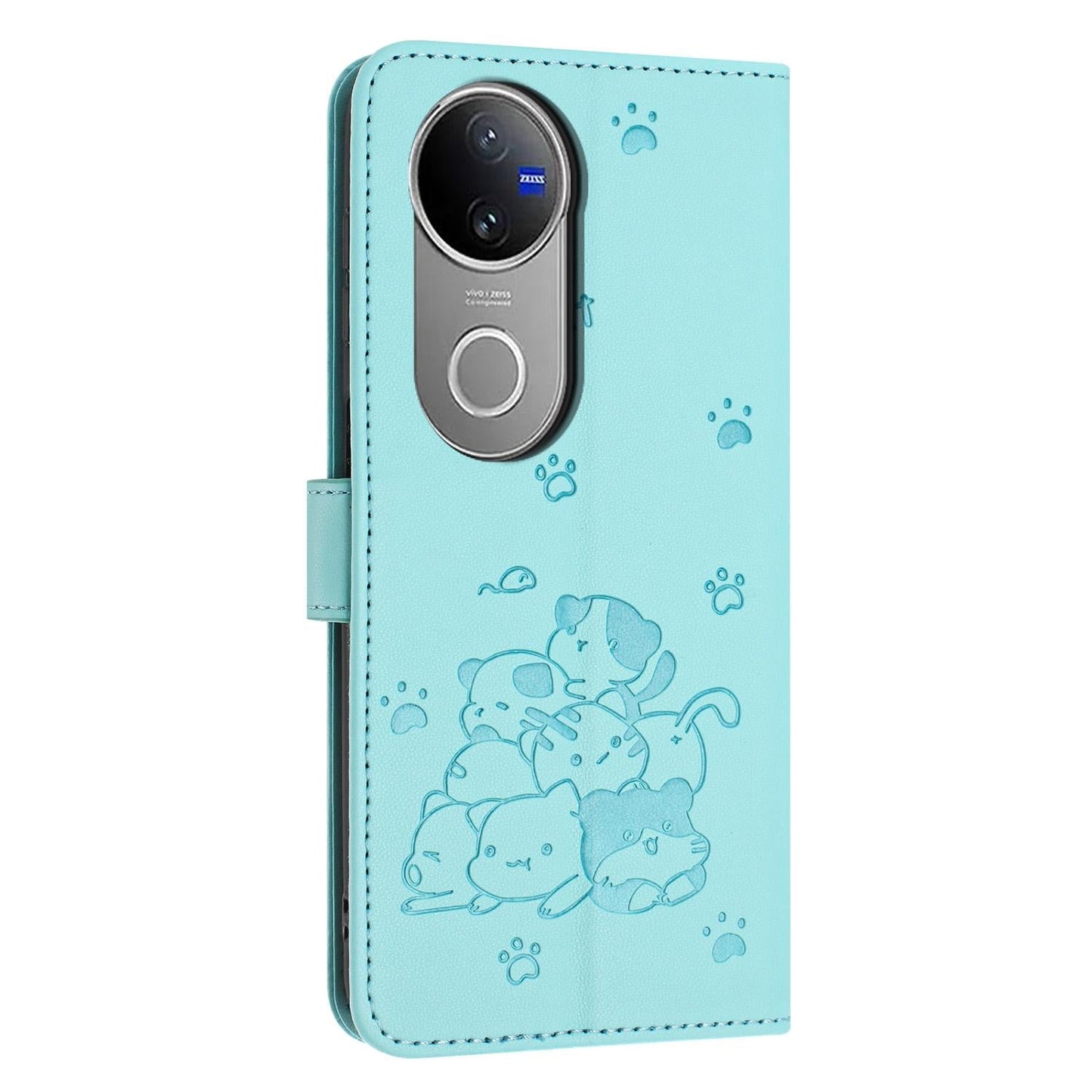 For vivo V50 5G Global Embossed Kitten Phone Leather Case with Lanyard(Mint Green)