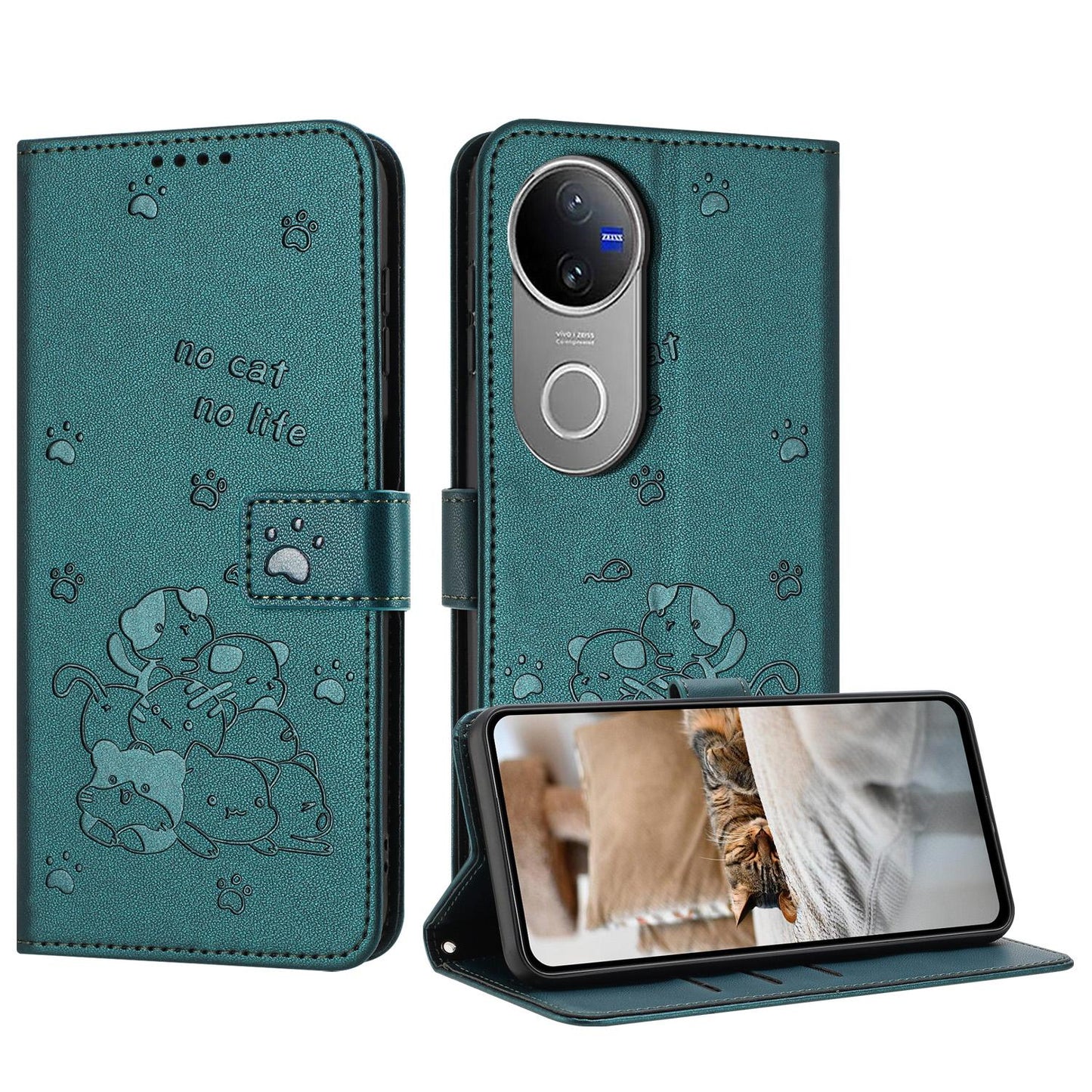 For vivo V50 5G Global Embossed Kitten Phone Leather Case with Lanyard(Dark Green)