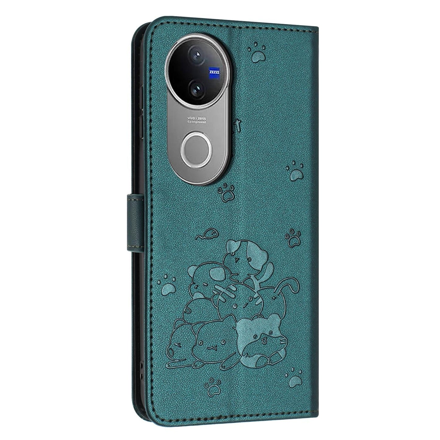 For vivo V50 5G Global Embossed Kitten Phone Leather Case with Lanyard(Dark Green)