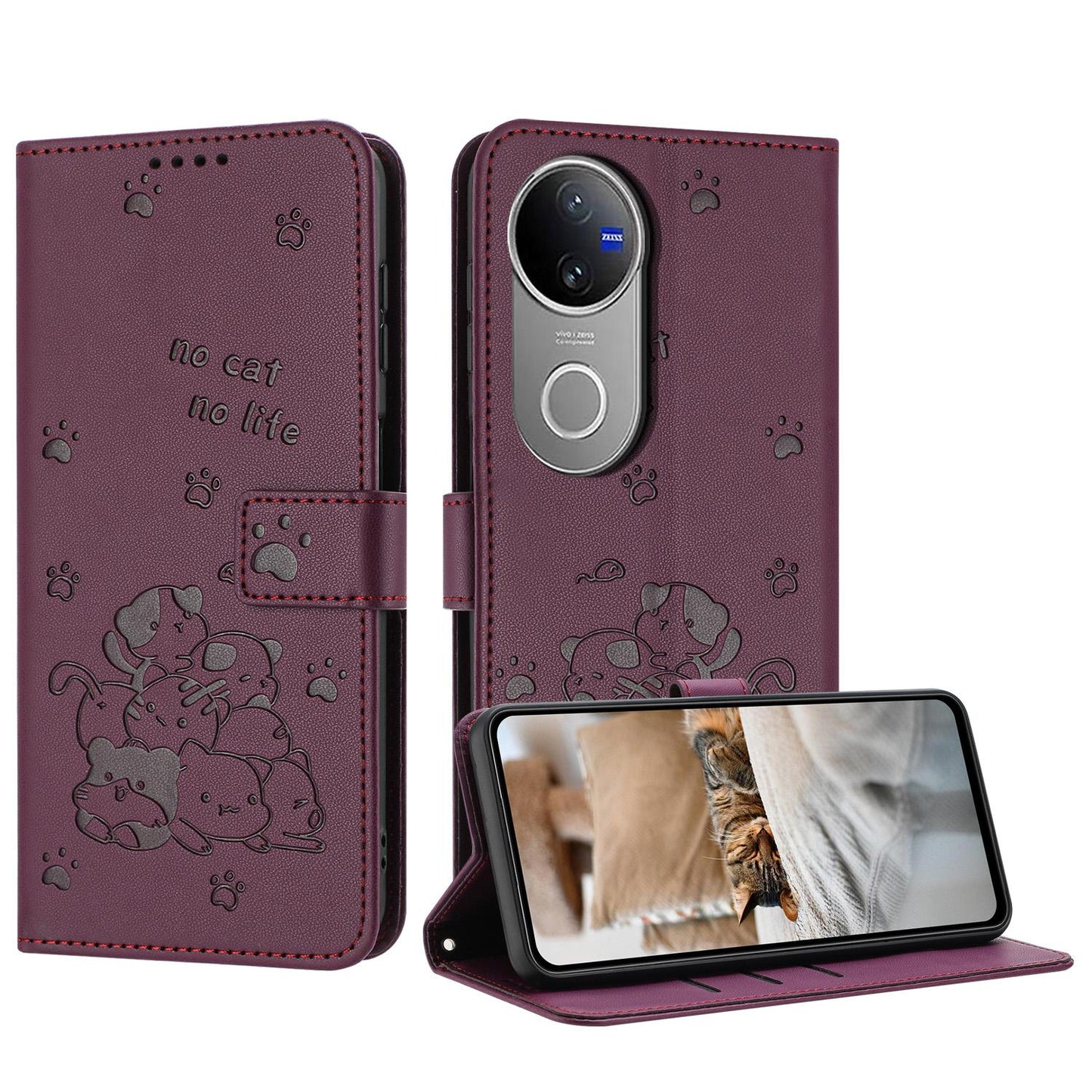 For vivo V50 5G Global Embossed Kitten Phone Leather Case with Lanyard(Wine Red)