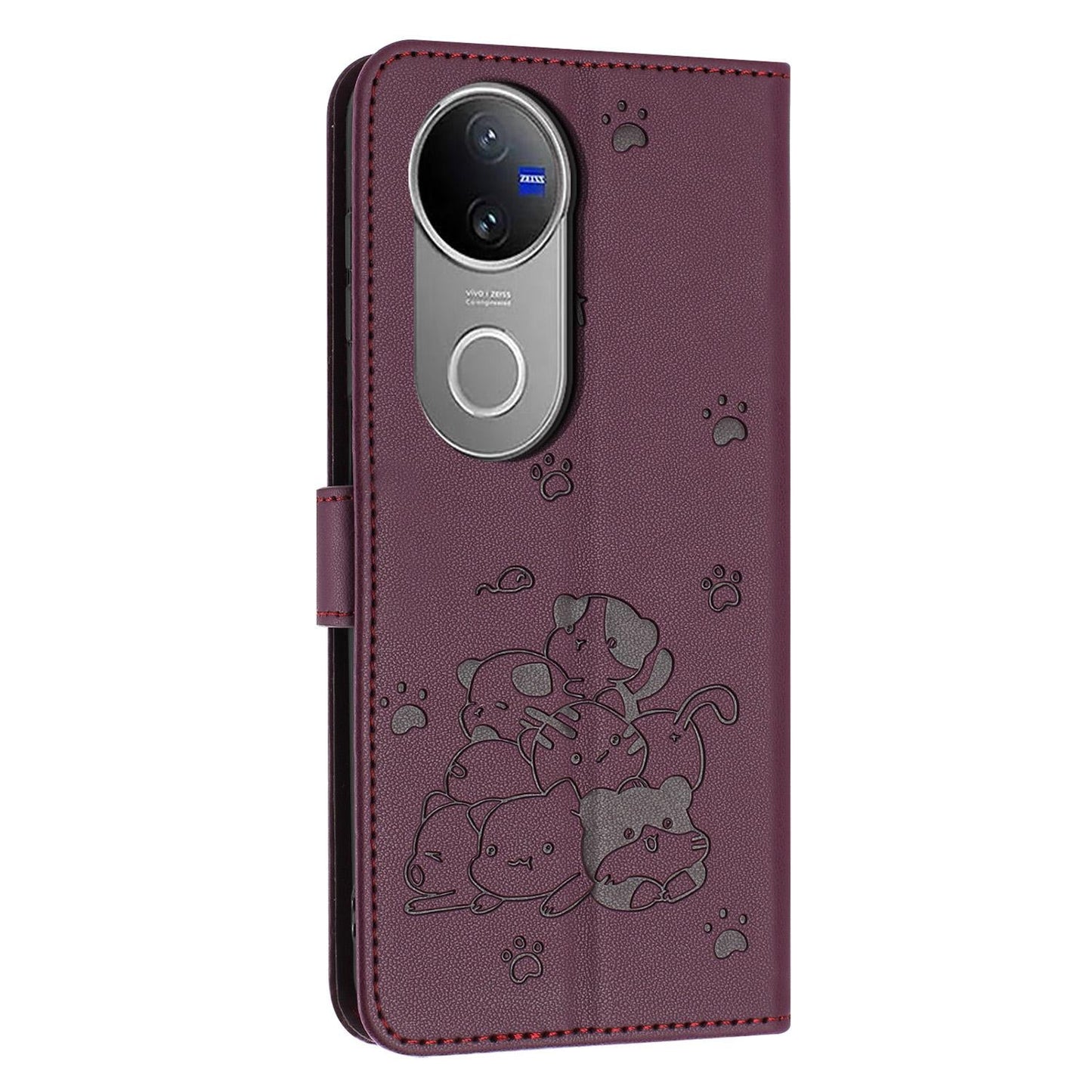 For vivo V50 5G Global Embossed Kitten Phone Leather Case with Lanyard(Wine Red)