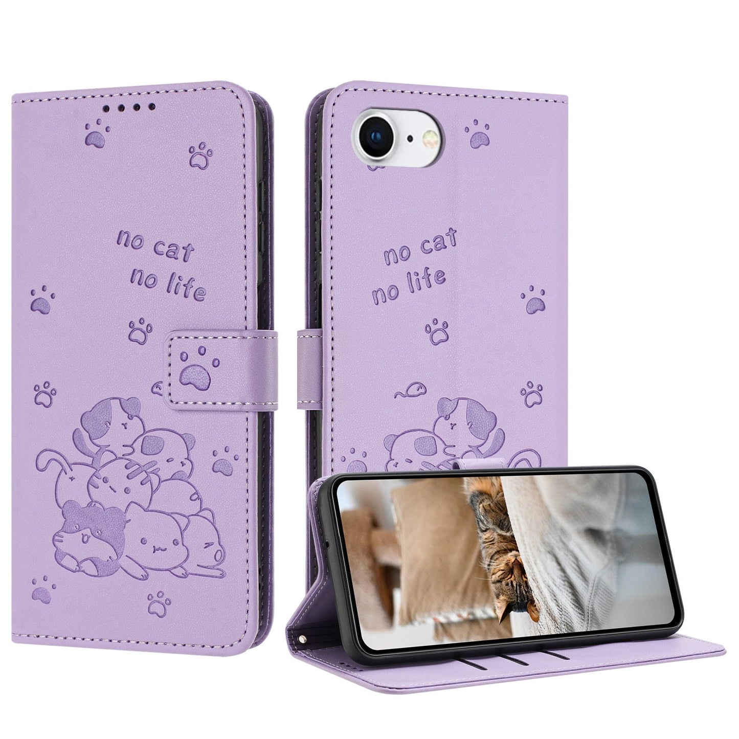 For iPhone 16e Embossed Kitten Phone Leather Case with Lanyard(Purple)