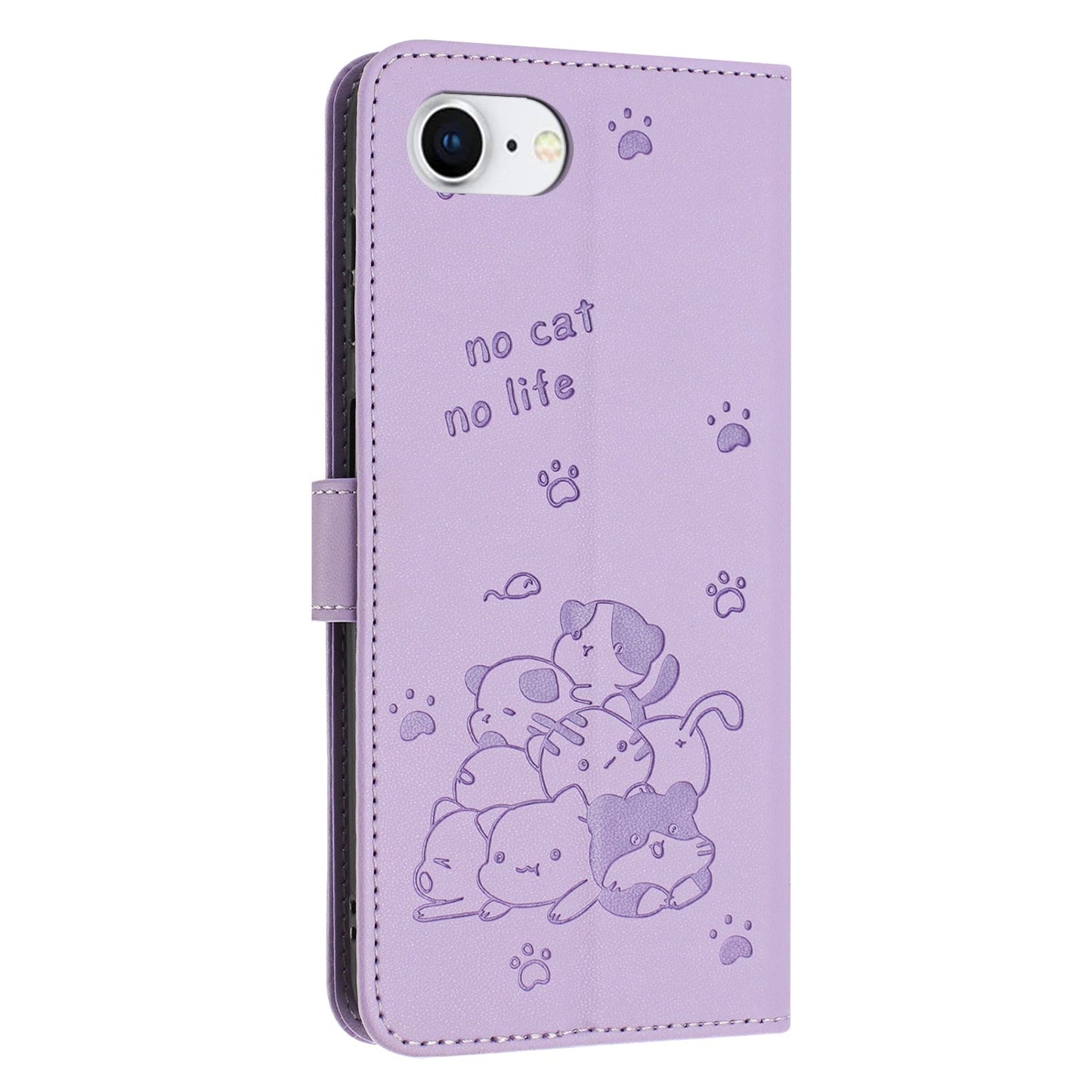 For iPhone 16e Embossed Kitten Phone Leather Case with Lanyard(Purple)