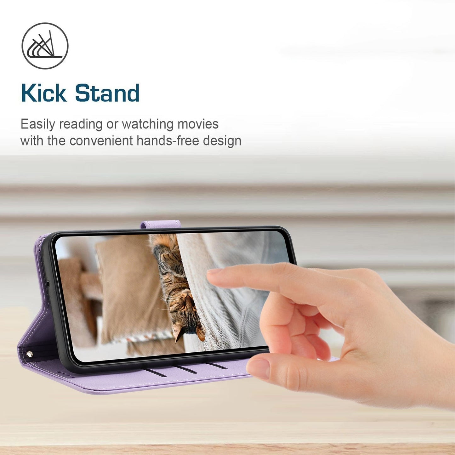 For iPhone 16e Embossed Kitten Phone Leather Case with Lanyard(Purple)