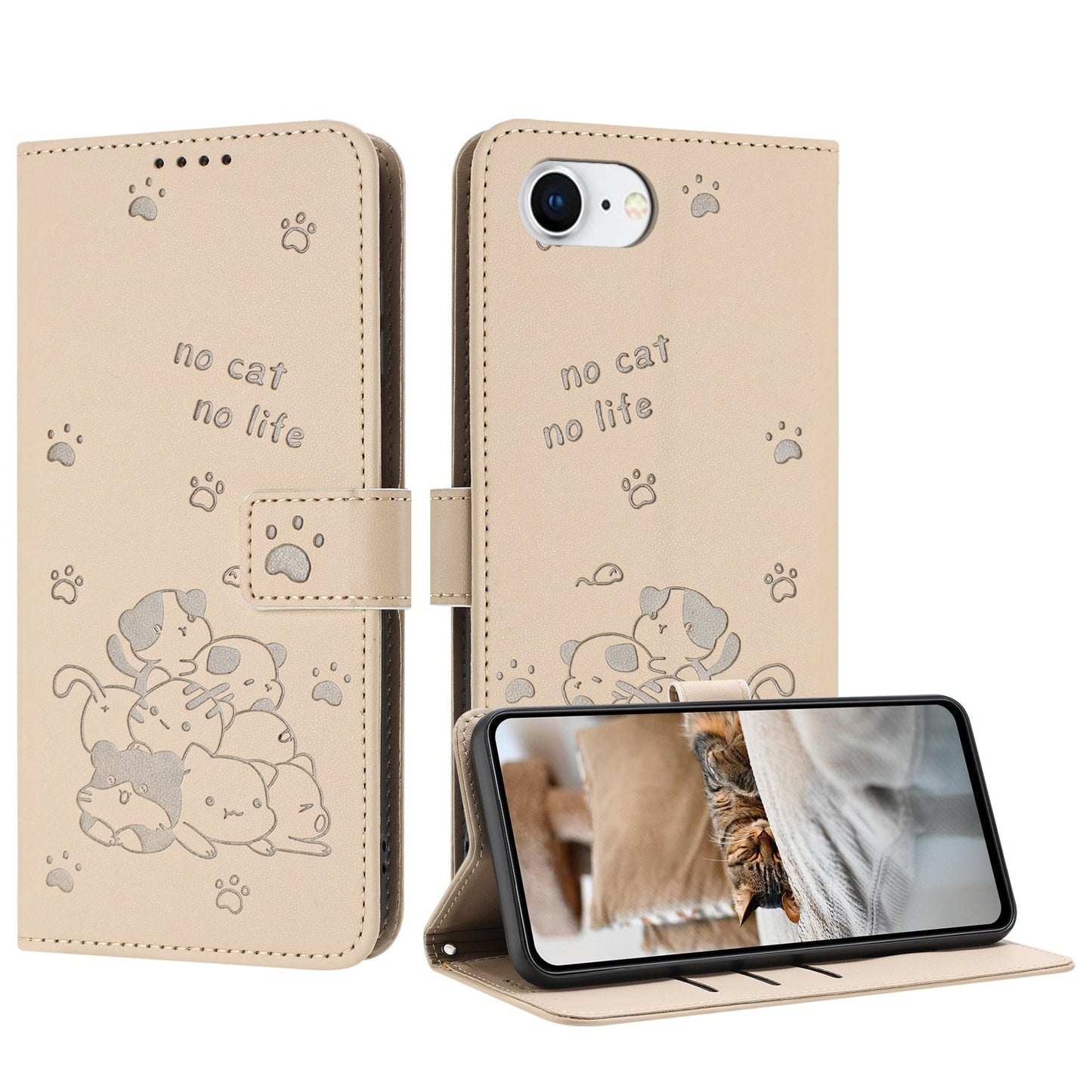 For iPhone 16e Embossed Kitten Phone Leather Case with Lanyard(Beige)