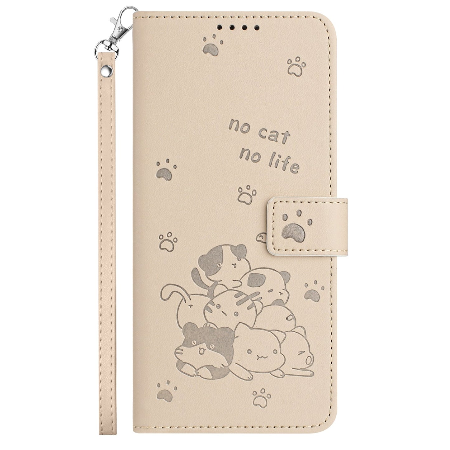 For iPhone 16e Embossed Kitten Phone Leather Case with Lanyard(Beige)