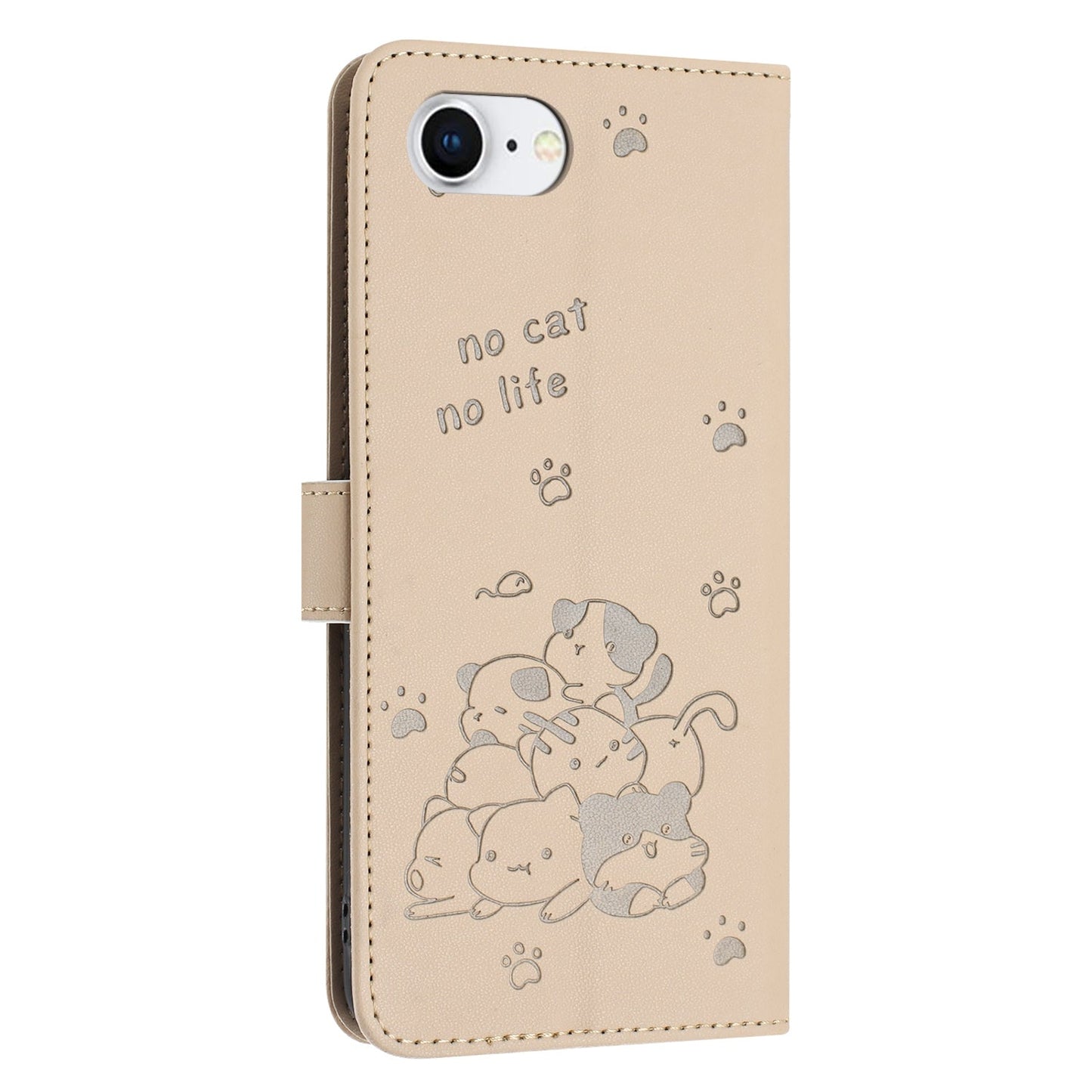 For iPhone 16e Embossed Kitten Phone Leather Case with Lanyard(Beige)