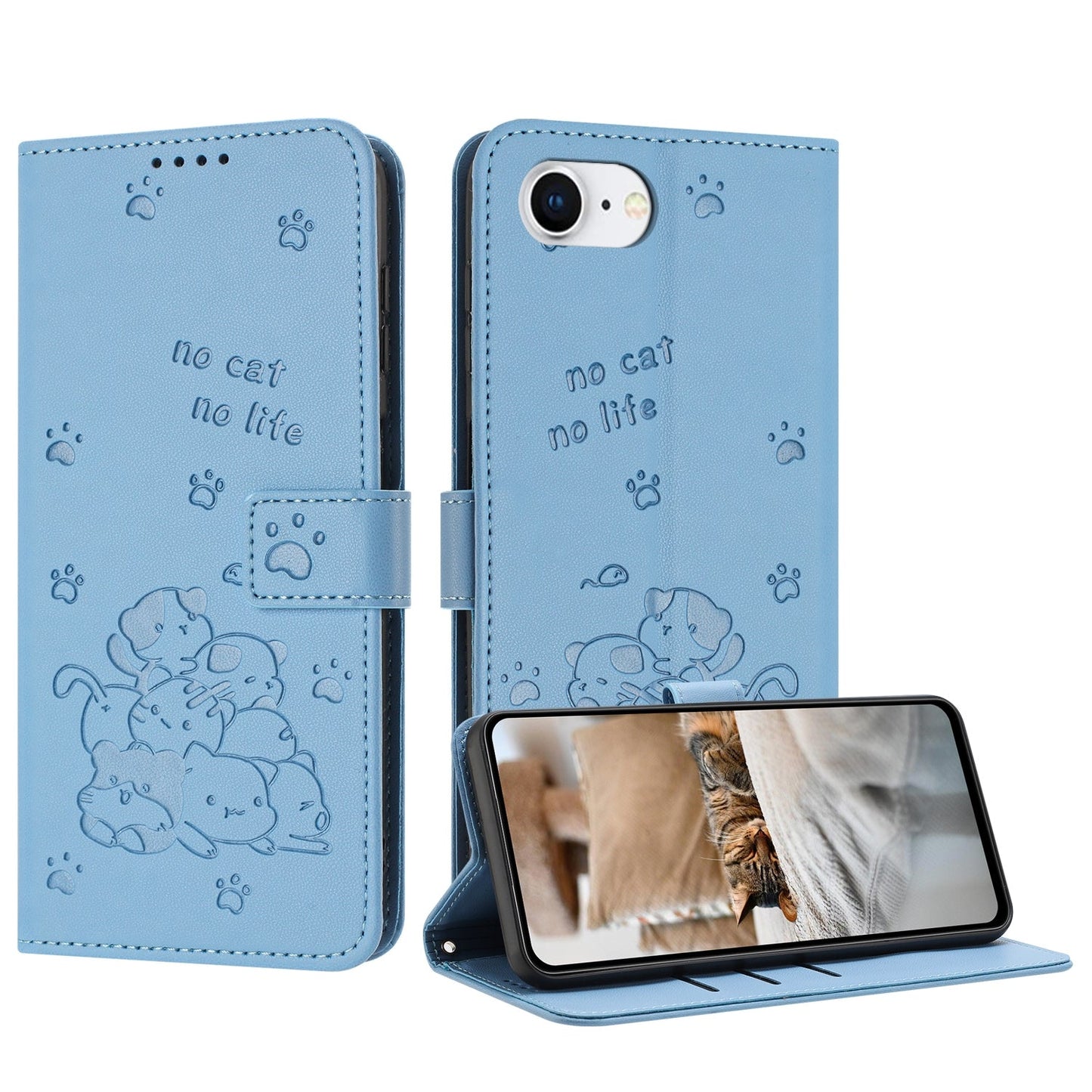 For iPhone 16e Embossed Kitten Phone Leather Case with Lanyard(Blue)