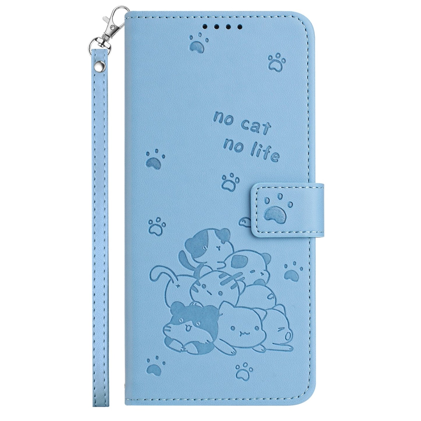 For iPhone 16e Embossed Kitten Phone Leather Case with Lanyard(Blue)