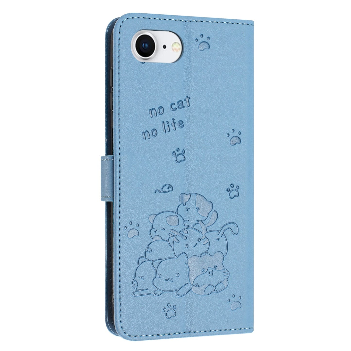 For iPhone 16e Embossed Kitten Phone Leather Case with Lanyard(Blue)