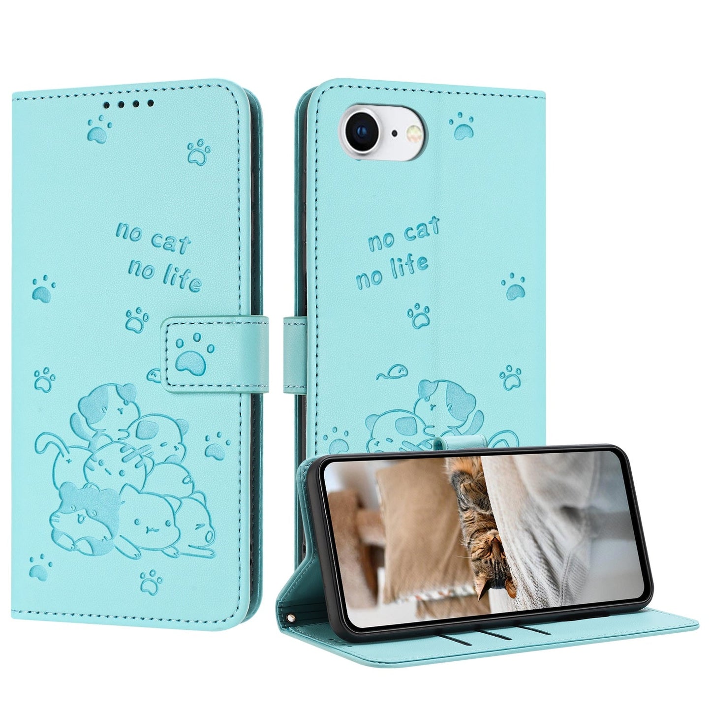 For iPhone 16e Embossed Kitten Phone Leather Case with Lanyard(Mint Green)
