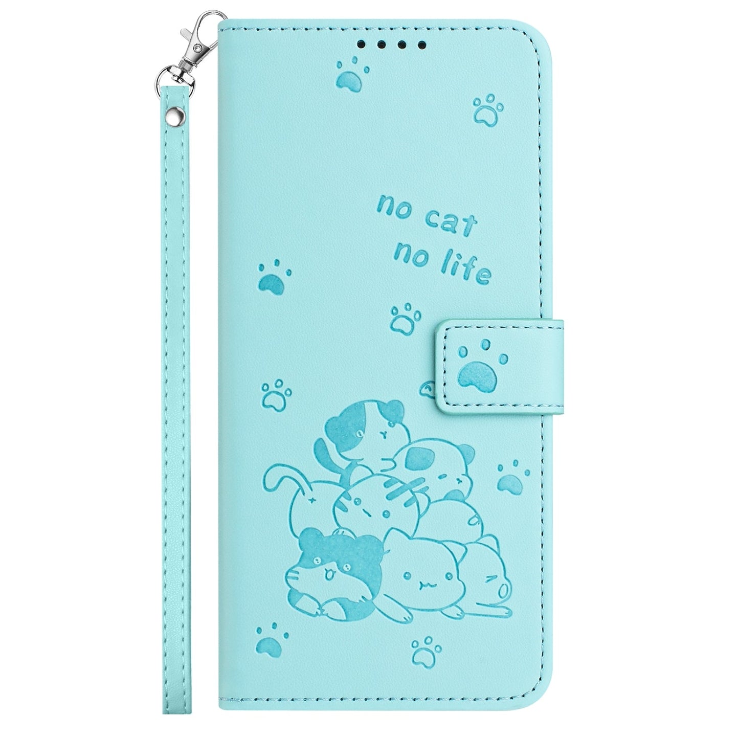 For iPhone 16e Embossed Kitten Phone Leather Case with Lanyard(Mint Green)