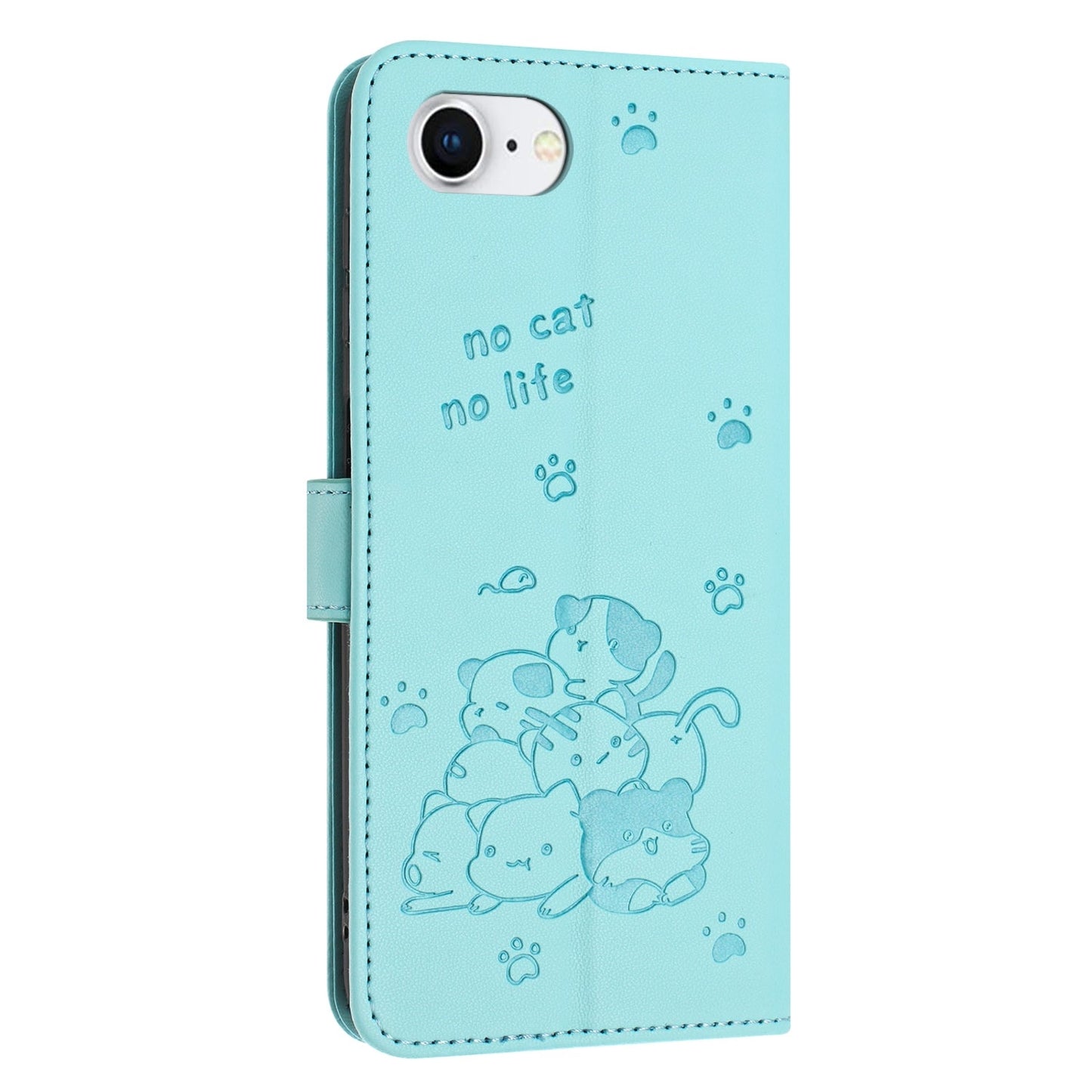 For iPhone 16e Embossed Kitten Phone Leather Case with Lanyard(Mint Green)