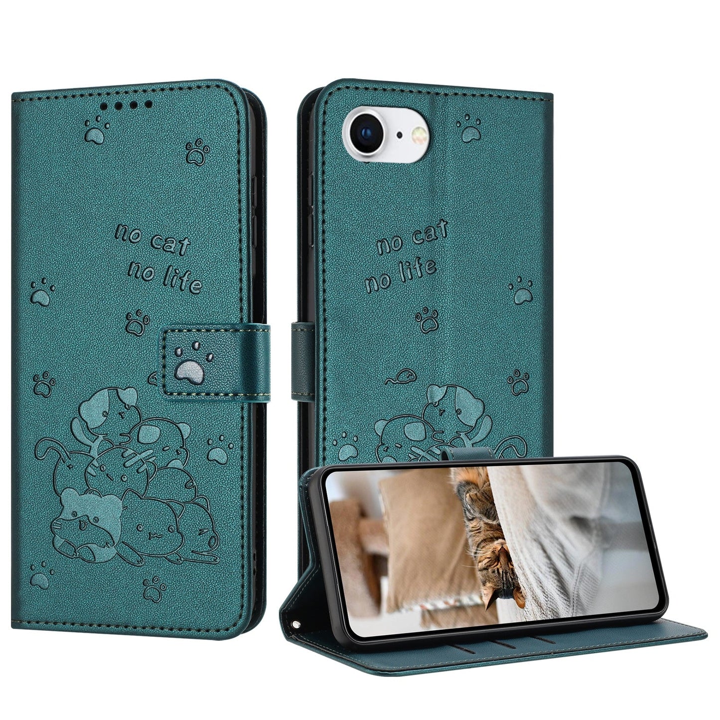 For iPhone 16e Embossed Kitten Phone Leather Case with Lanyard(Dark Green)