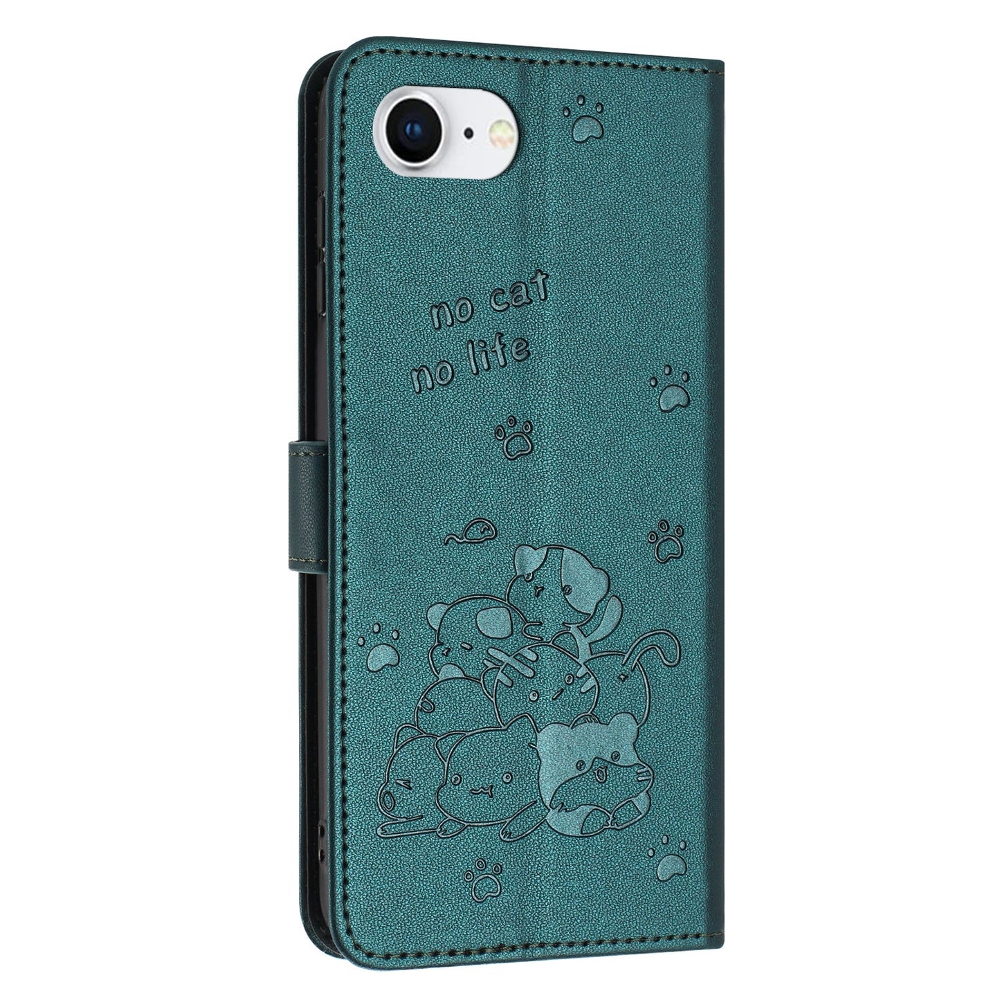 For iPhone 16e Embossed Kitten Phone Leather Case with Lanyard(Dark Green)