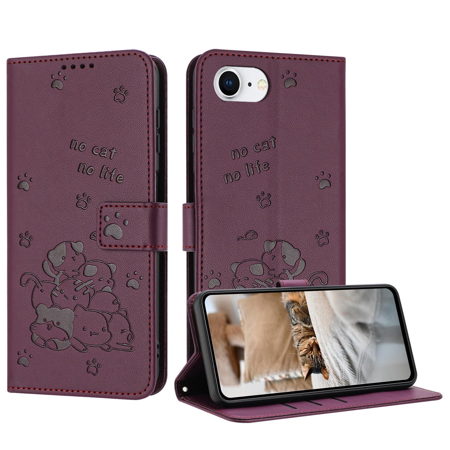 For iPhone 16e Embossed Kitten Phone Leather Case with Lanyard(Wine Red)