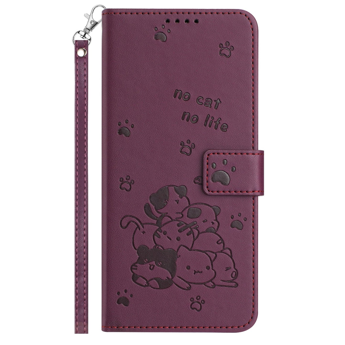 For iPhone 16e Embossed Kitten Phone Leather Case with Lanyard(Wine Red)
