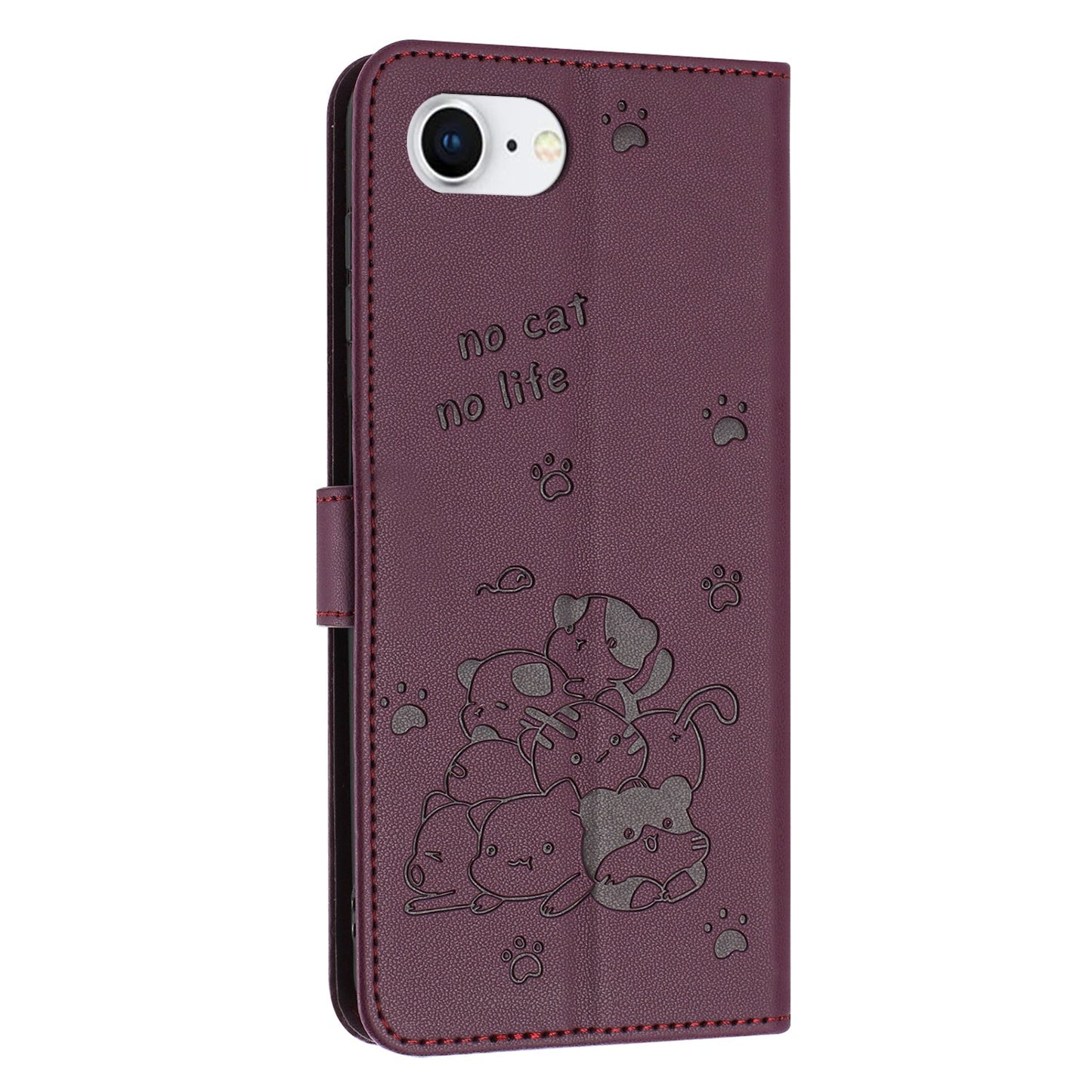 For iPhone 16e Embossed Kitten Phone Leather Case with Lanyard(Wine Red)