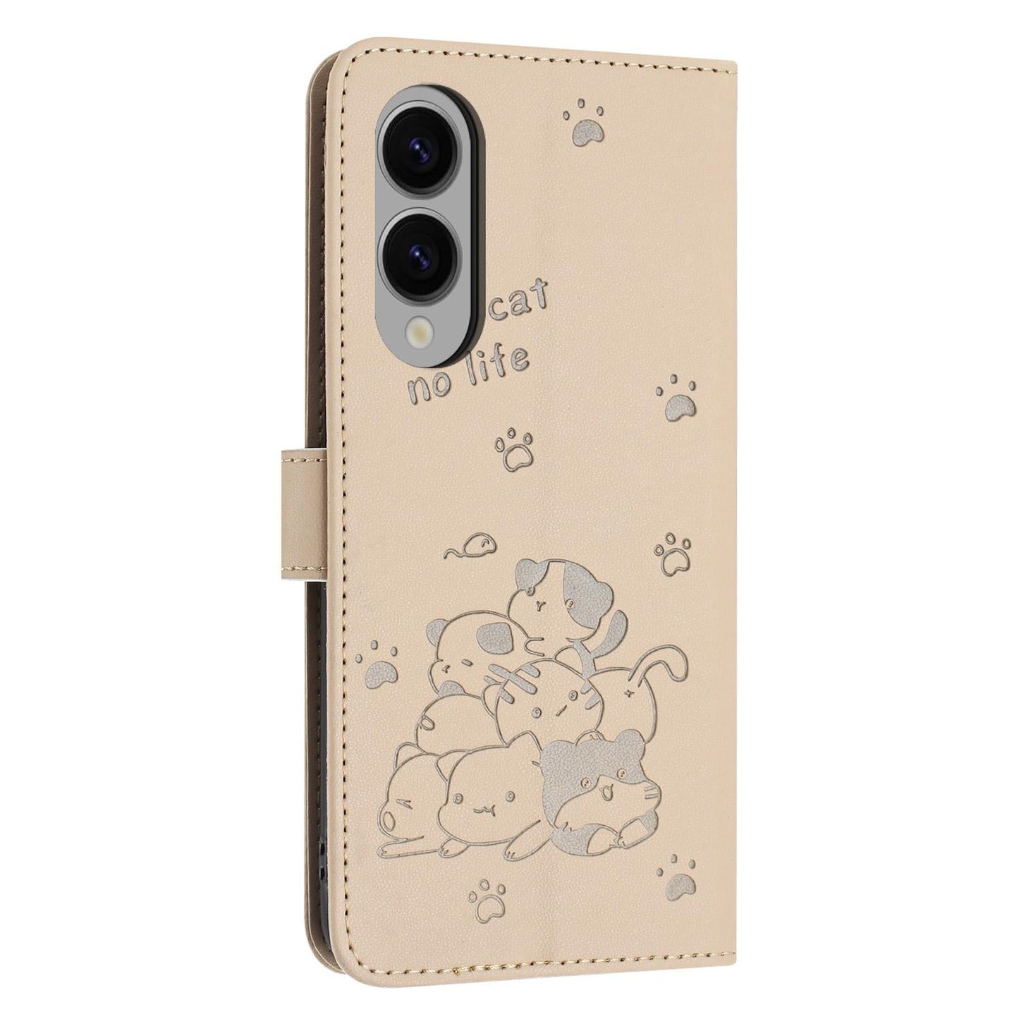 For Samsung Galaxy S25 Edge 5G Embossed Kitten Phone Leather Case with Lanyard(Beige)