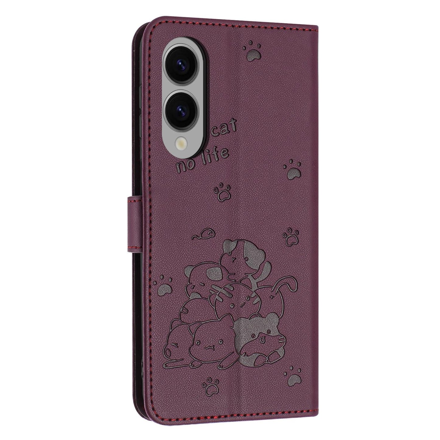 For Samsung Galaxy S25 Edge 5G Embossed Kitten Phone Leather Case with Lanyard(Wine Red)