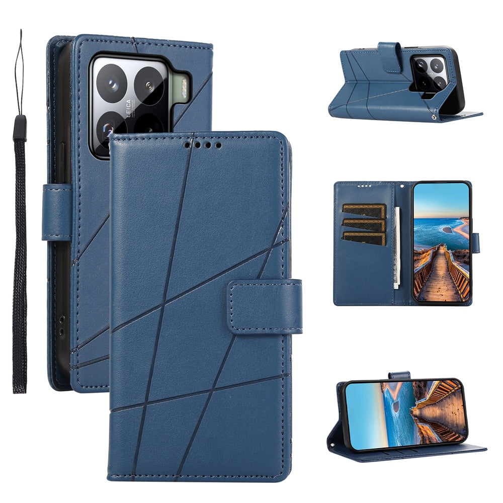 For Xiaomi 15 Pro PU Genuine Leather Texture Embossed Line Phone Case(Blue)