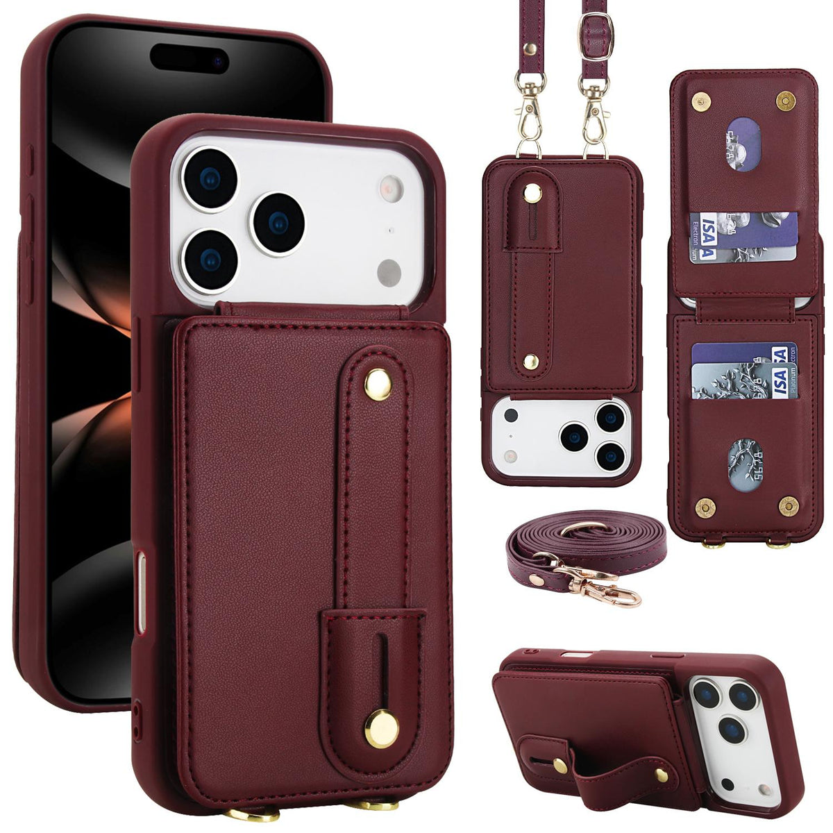 Compatible with iPhone 18 Pro Max & 17 Pro Max Wristband Vertical Flip Wallet Back Cover Phone Case with Long Lanyard - Wine Red