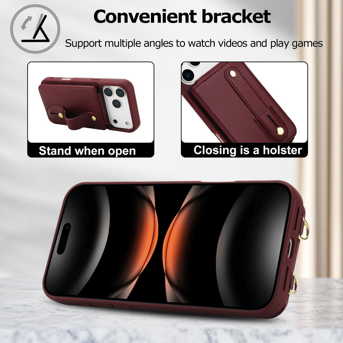 Compatible with iPhone 18 Pro Max & 17 Pro Max Wristband Vertical Flip Wallet Back Cover Phone Case with Long Lanyard - Wine Red