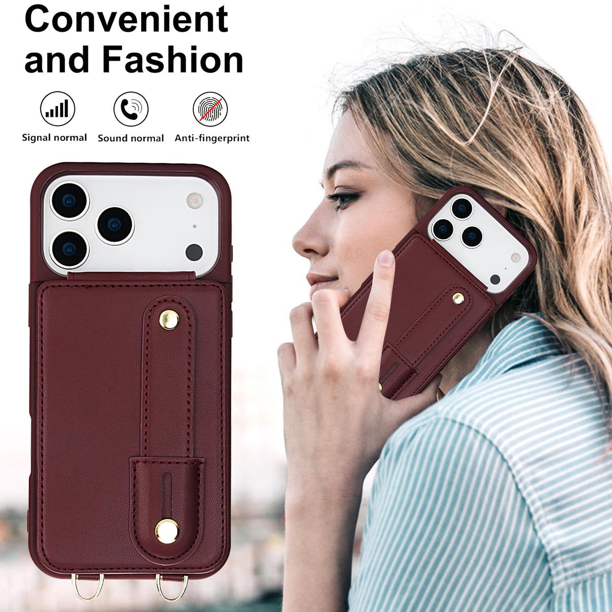 Compatible with iPhone 18 Pro Max & 17 Pro Max Wristband Vertical Flip Wallet Back Cover Phone Case with Long Lanyard - Wine Red