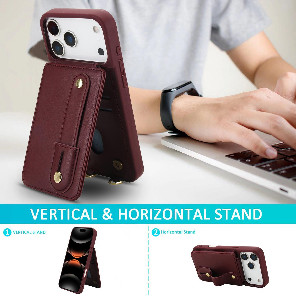 Compatible with iPhone 18 Pro Max & 17 Pro Max Wristband Vertical Flip Wallet Back Cover Phone Case with Long Lanyard - Wine Red