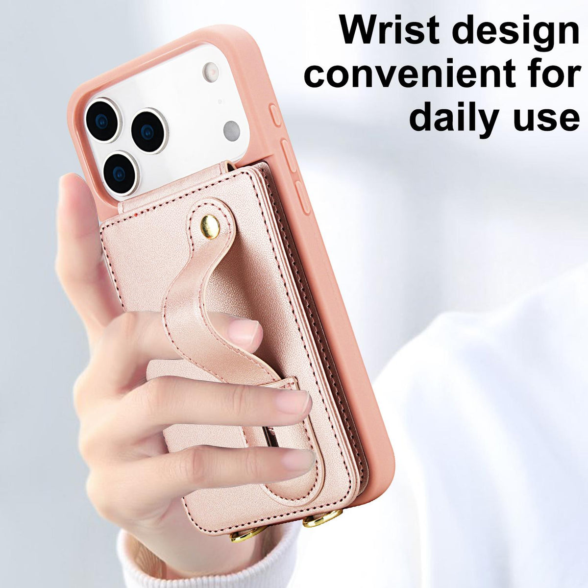 Compatible with iPhone 18 Pro Max & 17 Pro Max Wristband Vertical Flip Wallet Back Cover Phone Case with Long Lanyard - Rose Gold