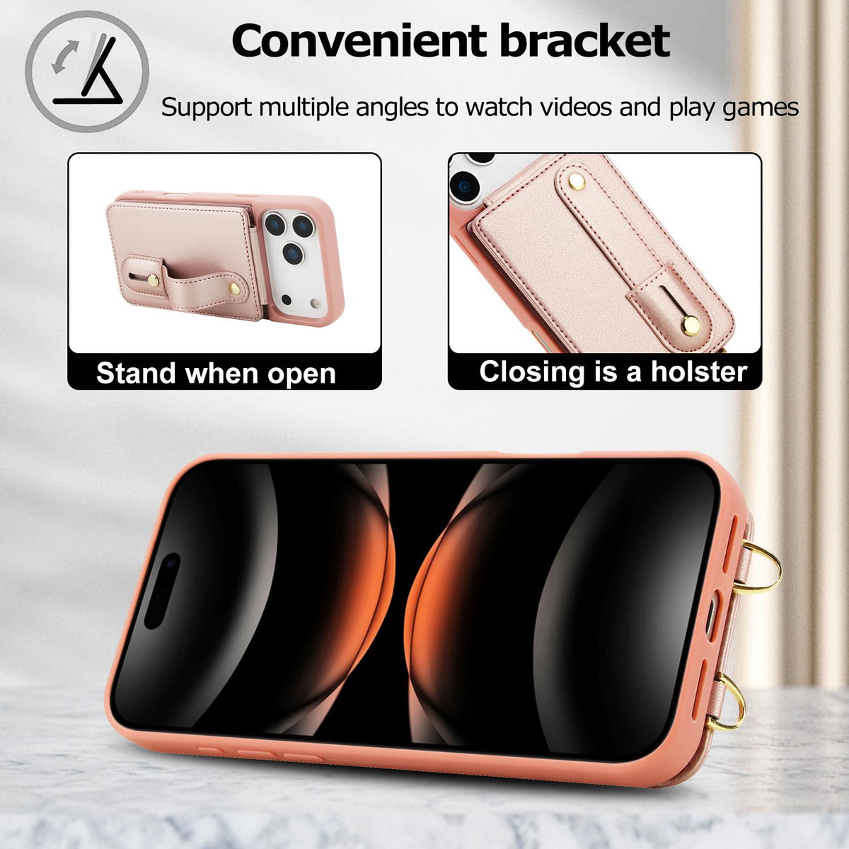 Compatible with iPhone 18 Pro Max & 17 Pro Max Wristband Vertical Flip Wallet Back Cover Phone Case with Long Lanyard - Rose Gold