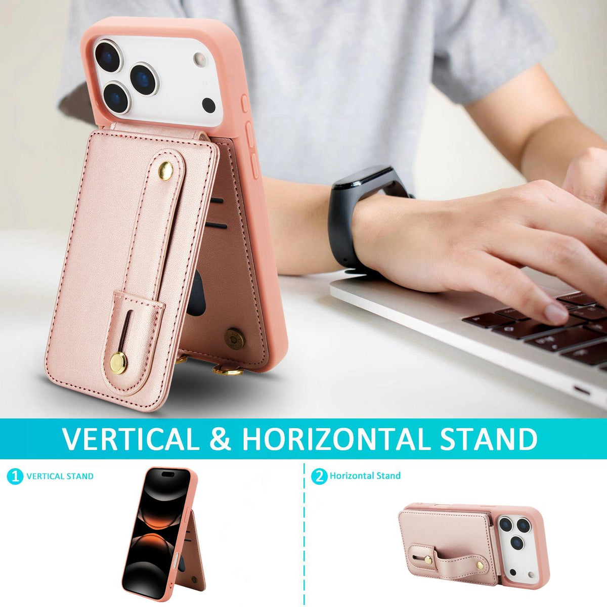 Compatible with iPhone 18 Pro Max & 17 Pro Max Wristband Vertical Flip Wallet Back Cover Phone Case with Long Lanyard - Rose Gold
