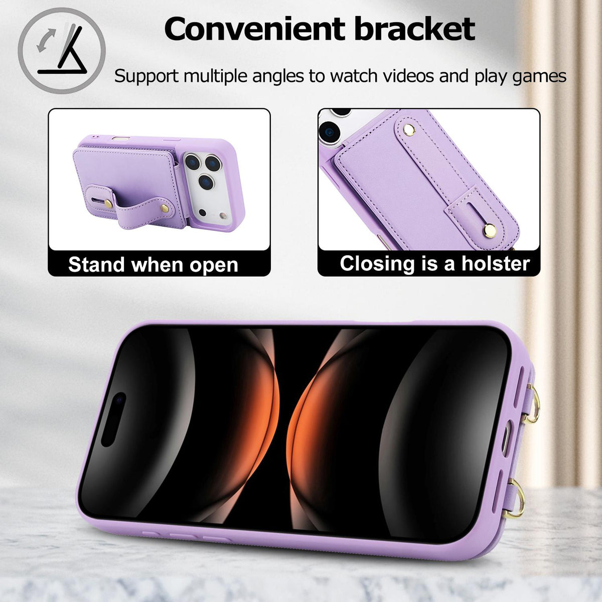 Compatible with iPhone 18 Pro Max & 17 Pro Max Wristband Vertical Flip Wallet Back Cover Phone Case with Long Lanyard - Purple