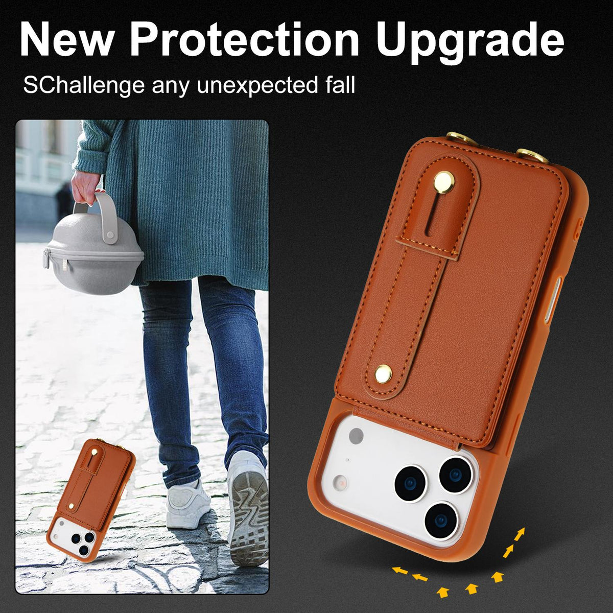 Compatible with iPhone 18 Pro Max & 17 Pro Max Wristband Vertical Flip Wallet Back Cover Phone Case with Long Lanyard - Brown