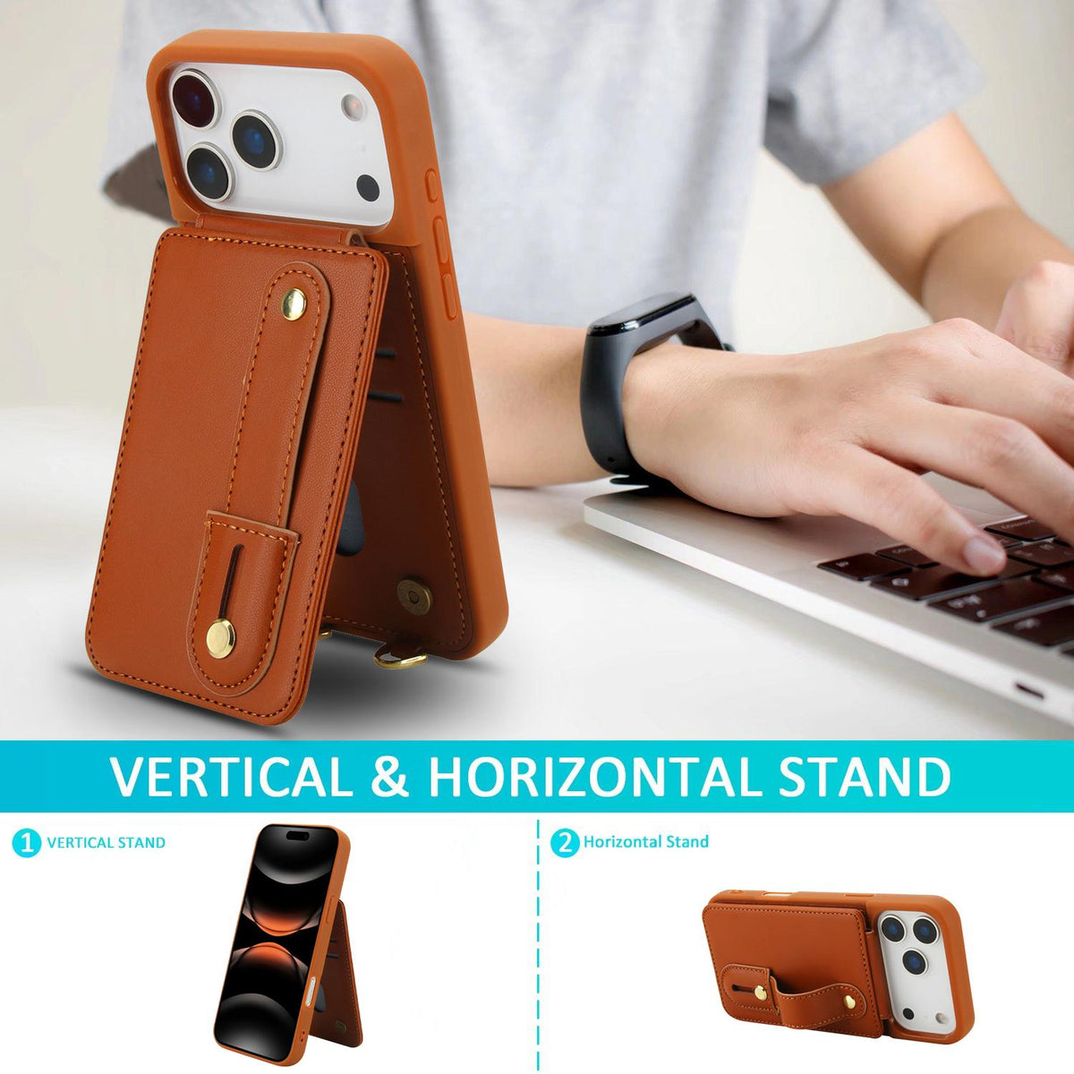 Compatible with iPhone 18 Pro Max & 17 Pro Max Wristband Vertical Flip Wallet Back Cover Phone Case with Long Lanyard - Brown