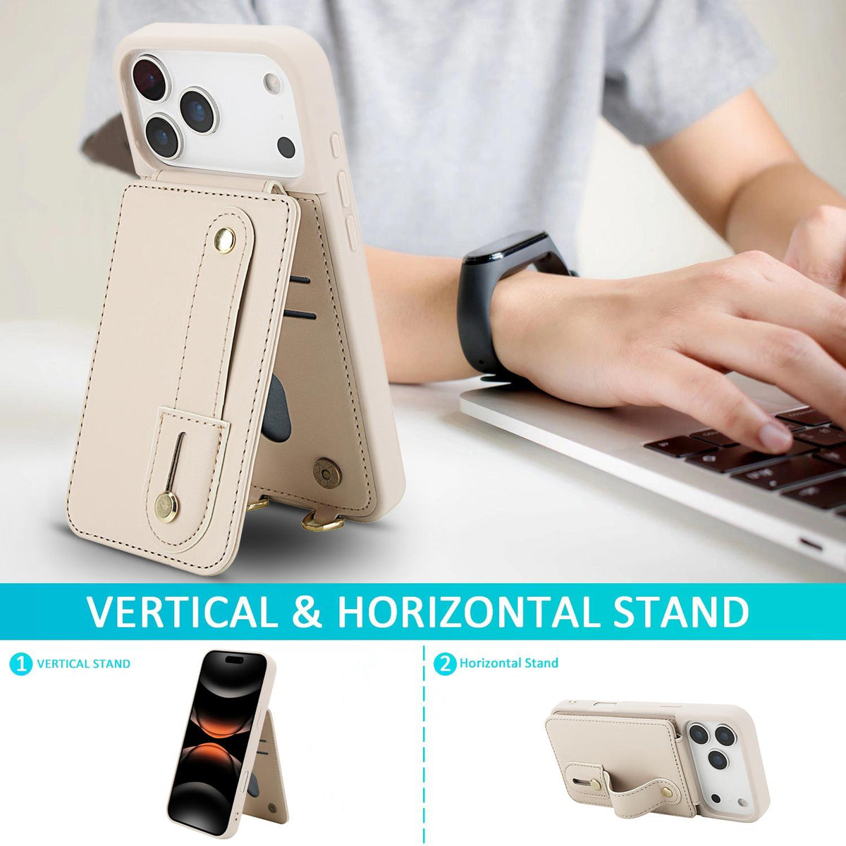 Compatible with iPhone 18 Pro Max & 17 Pro Max Wristband Vertical Flip Wallet Back Cover Phone Case with Long Lanyard - White