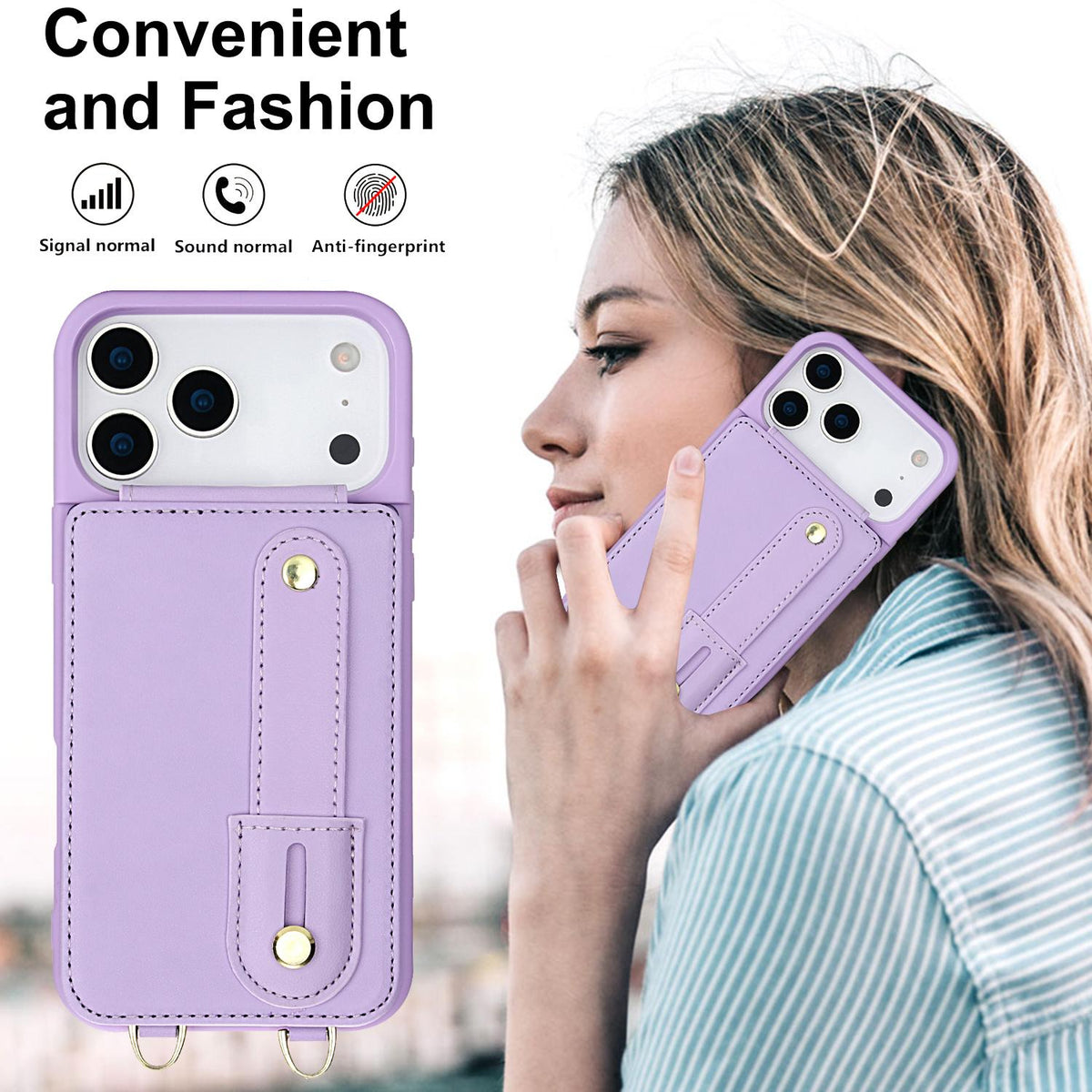 Compatible with iPhone 18 Pro & 17 Pro Wristband Vertical Flip Wallet Back Cover Phone Case with Long Lanyard - Purple