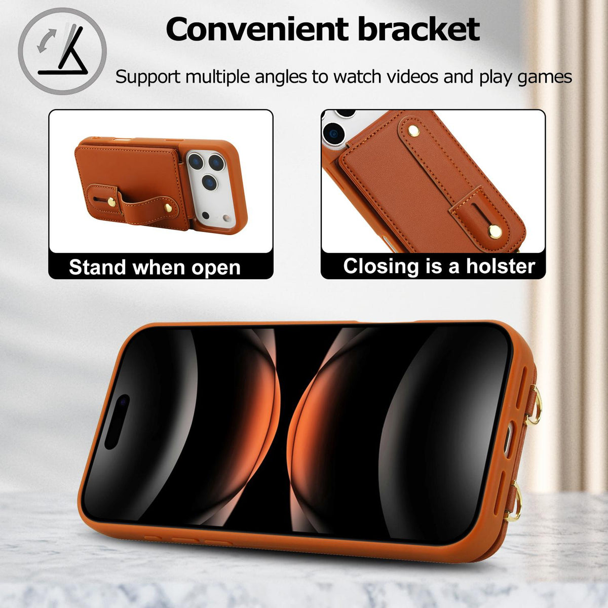 Compatible with iPhone 18 Pro & 17 Pro Wristband Vertical Flip Wallet Back Cover Phone Case with Long Lanyard - Brown