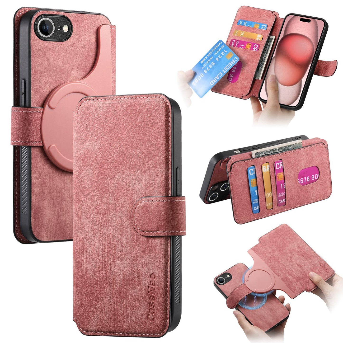 For iPhone 16e CaseNeo MagSafe RFID Anti-theft Retro Leather Phone Case(Pink)
