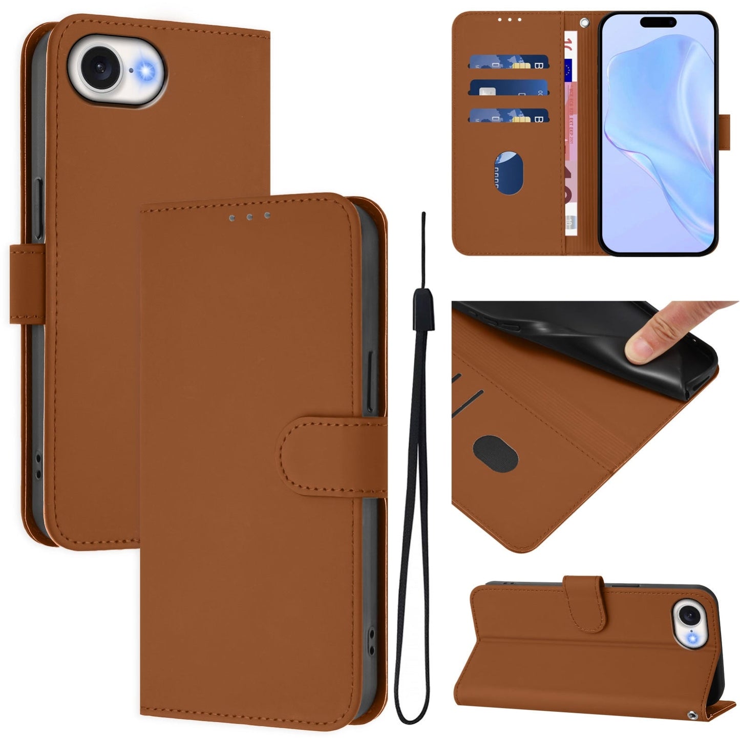 For iPhone 16e Skin Feel Solid Color Leather Phone Case with Lanyard(Brown)