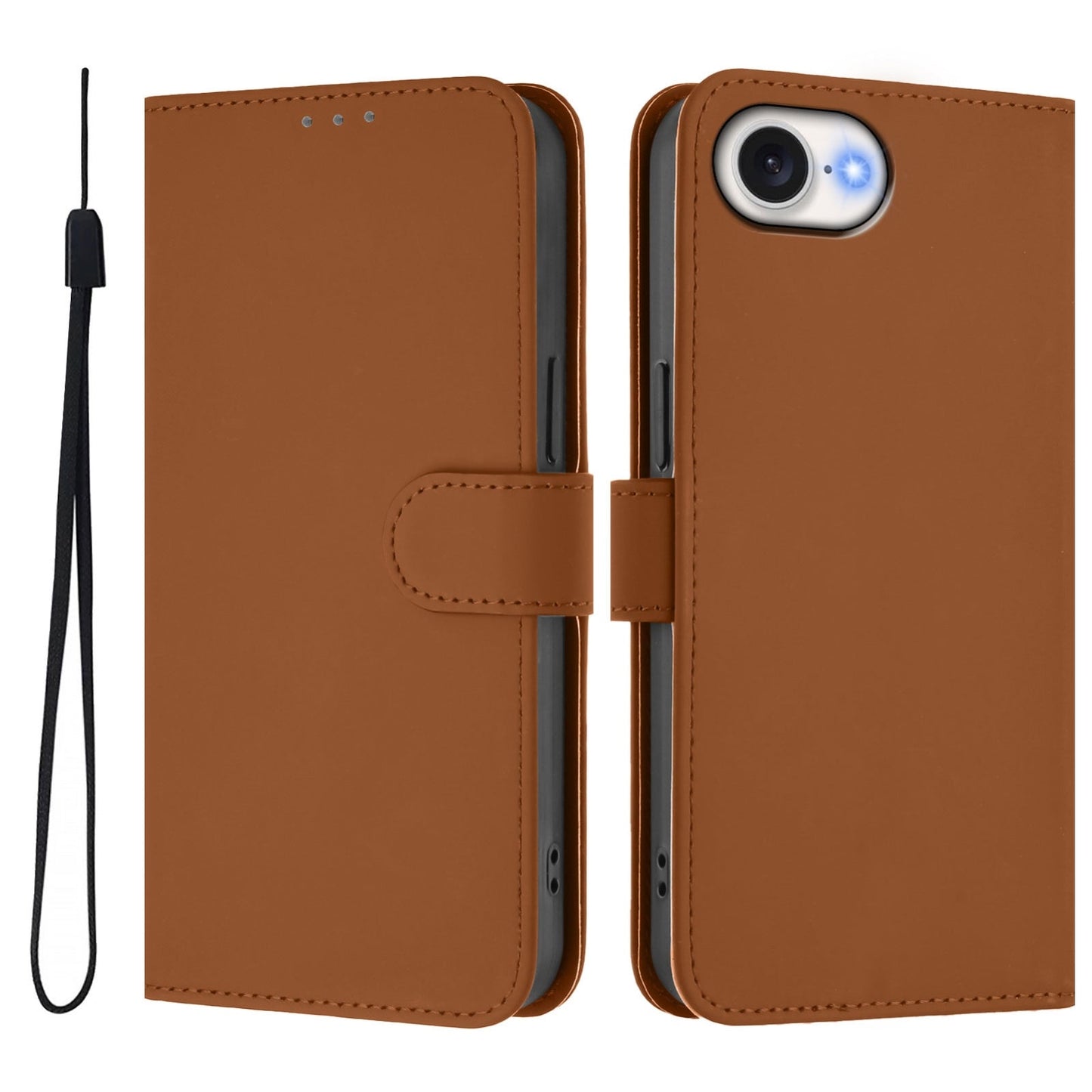 For iPhone 16e Skin Feel Solid Color Leather Phone Case with Lanyard(Brown)
