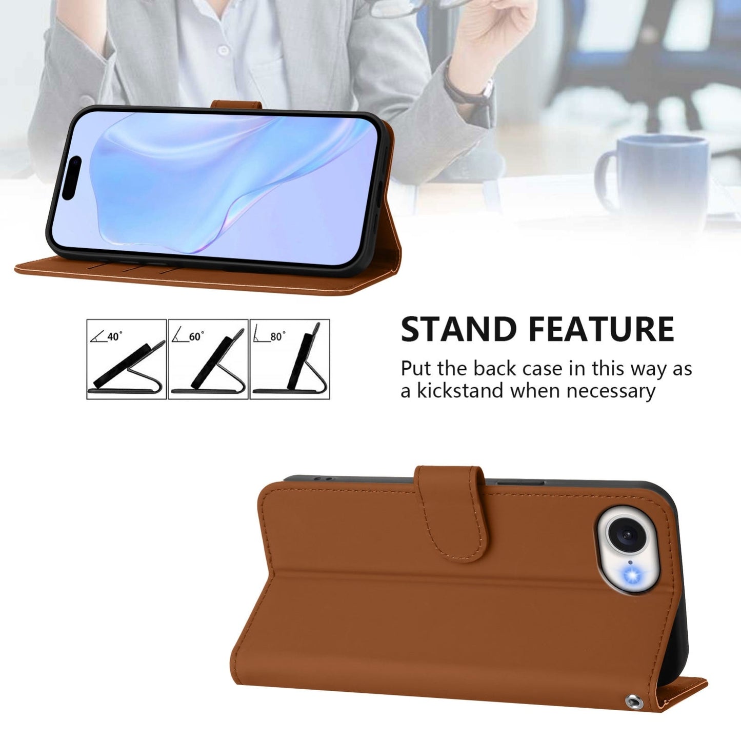 For iPhone 16e Skin Feel Solid Color Leather Phone Case with Lanyard(Brown)