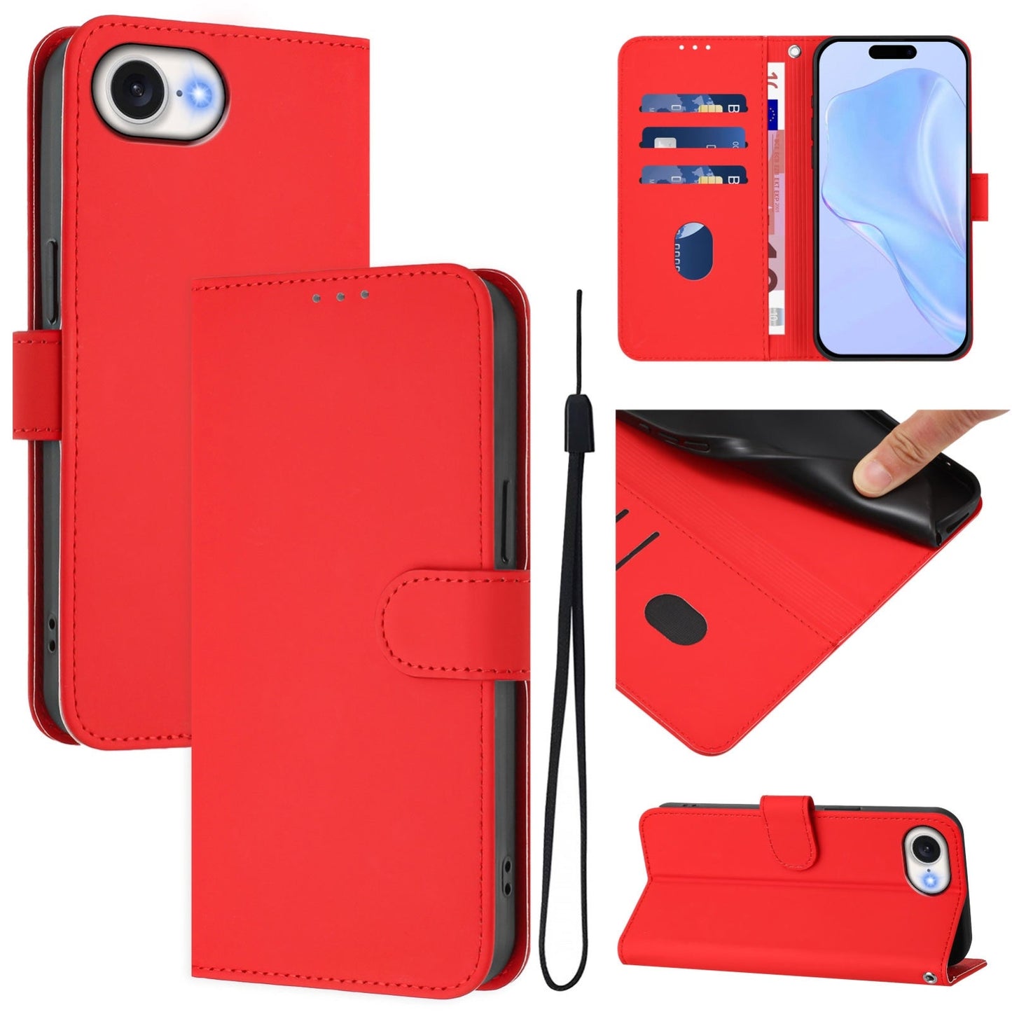 For iPhone 16e Skin Feel Solid Color Leather Phone Case with Lanyard(Red)