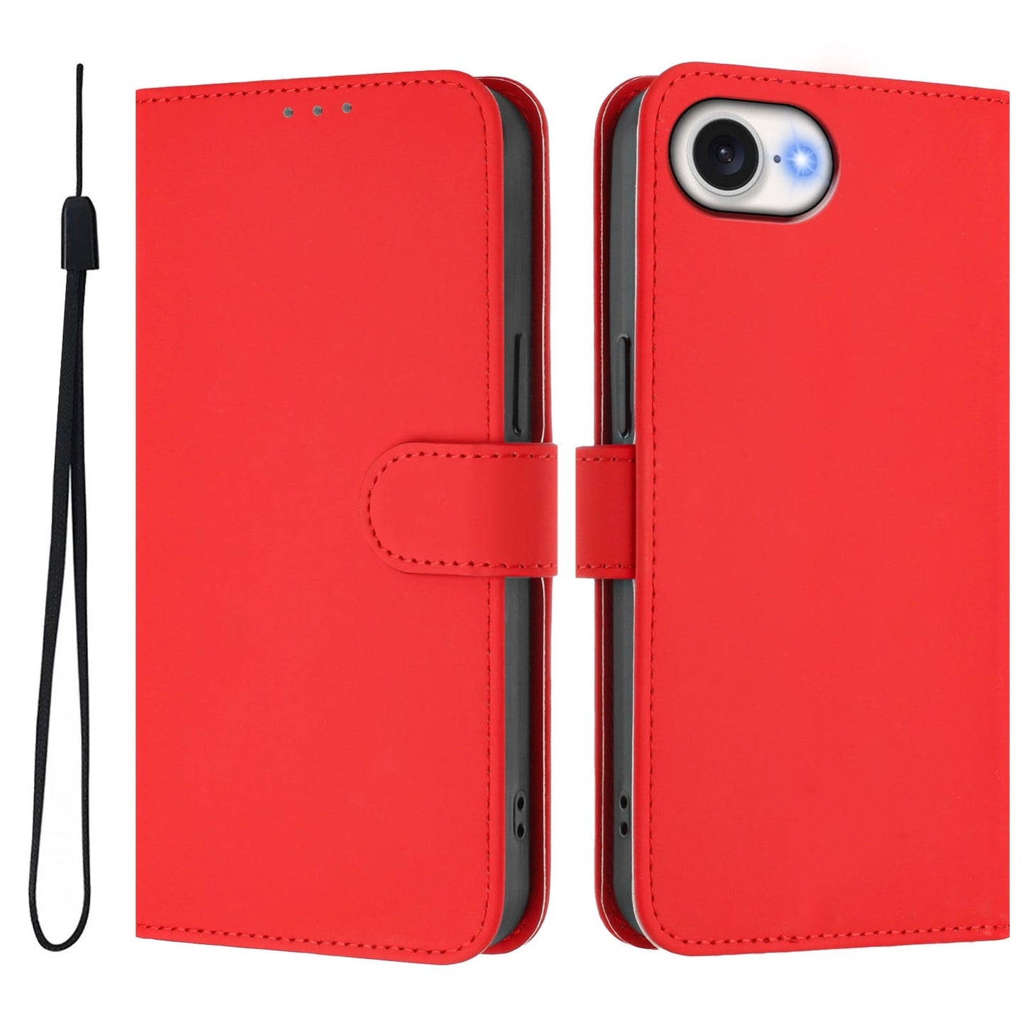 For iPhone 16e Skin Feel Solid Color Leather Phone Case with Lanyard(Red)