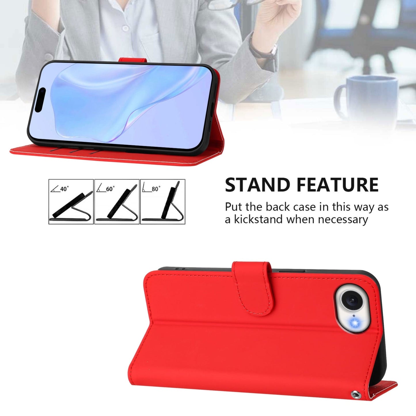 For iPhone 16e Skin Feel Solid Color Leather Phone Case with Lanyard(Red)