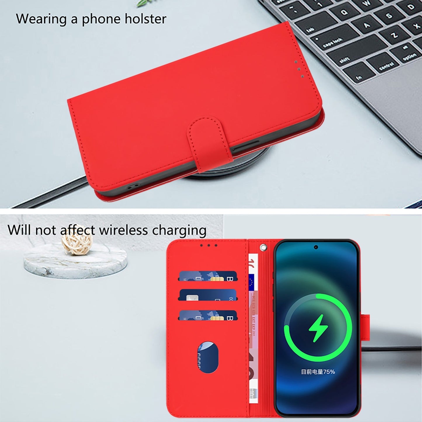 For iPhone 16e Skin Feel Solid Color Leather Phone Case with Lanyard(Red)