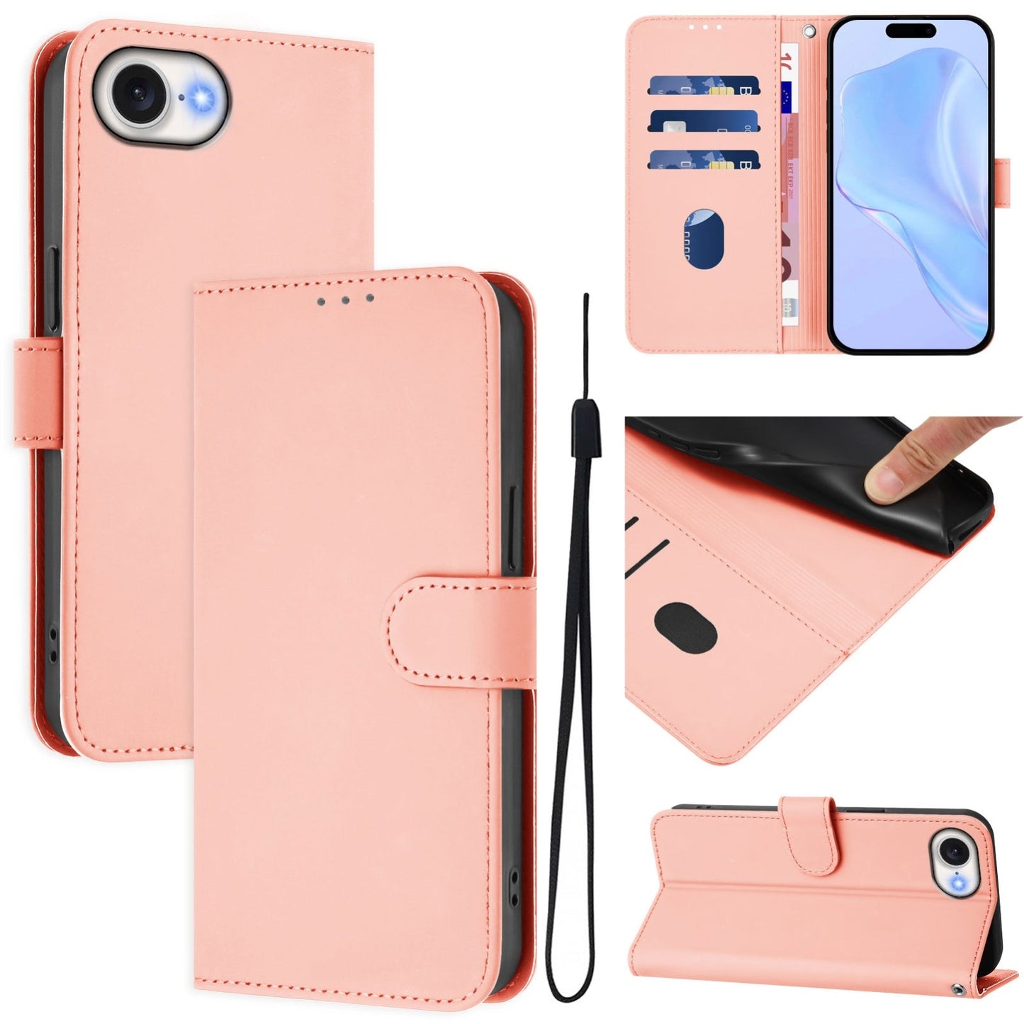 For iPhone 16e Skin Feel Solid Color Leather Phone Case with Lanyard(Pink)